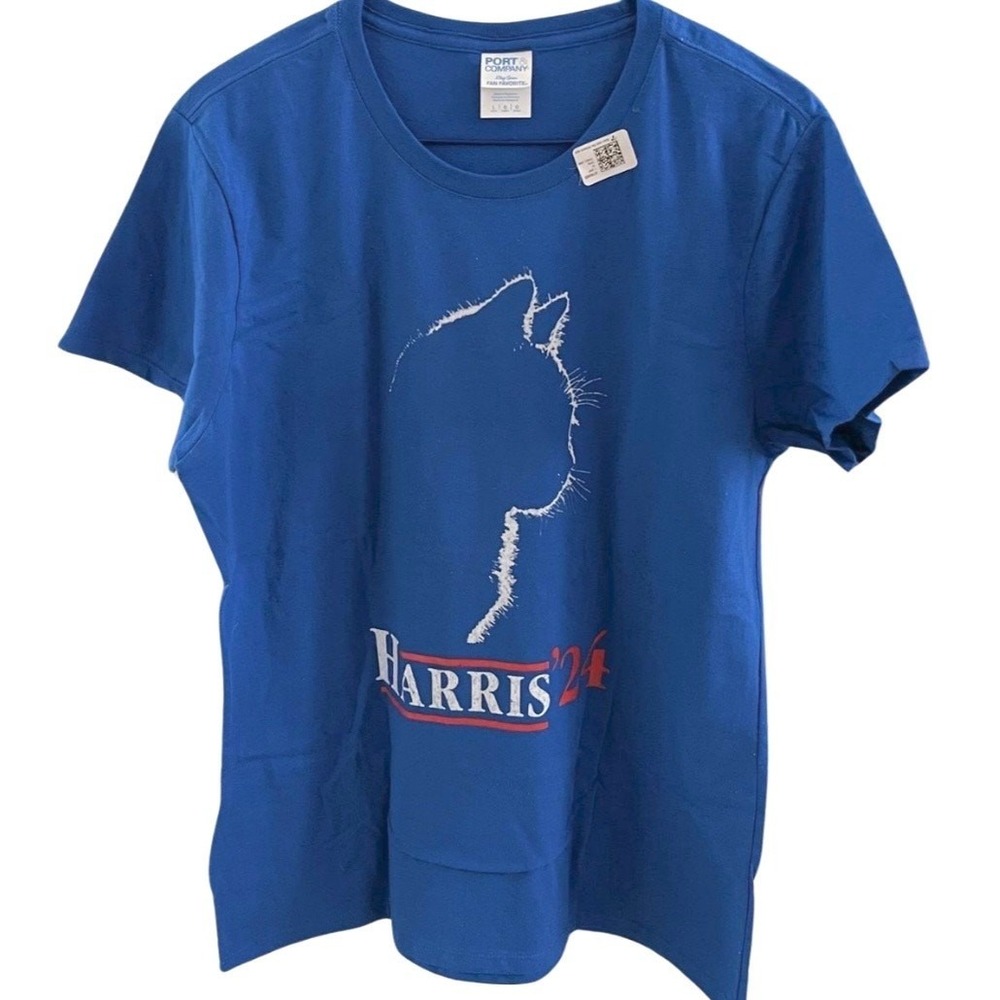 New Port & Co. Women's‎ L Large Tee Shirt Cat Mom Harris' 24 Blue Short Sleeve
